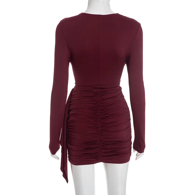 Abito tubino sottile solido girocollo Moda donna manica lunga avvolgente corto mini abiti a vita alta Lady 2026 abito da sera per feste