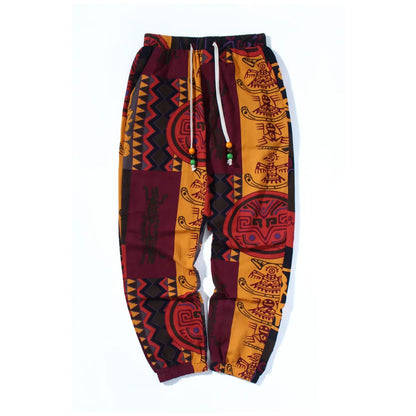Pantaloni da uomo in lino elasticizzato con stampa tribale Boho Pantaloni leggeri con coulisse in misto cotone con tasche Pantaloni da jogging estivi