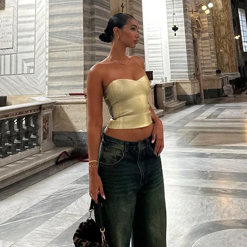 Haut court d'été sans bretelles et dos nu, sexy, style corset, pour femmes, pour soirées et clubs, débardeur sans manches, bustier moulant