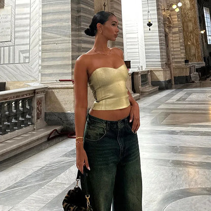 Haut court d'été sans bretelles et dos nu, sexy, style corset, pour femmes, pour soirées et clubs, débardeur sans manches, bustier moulant