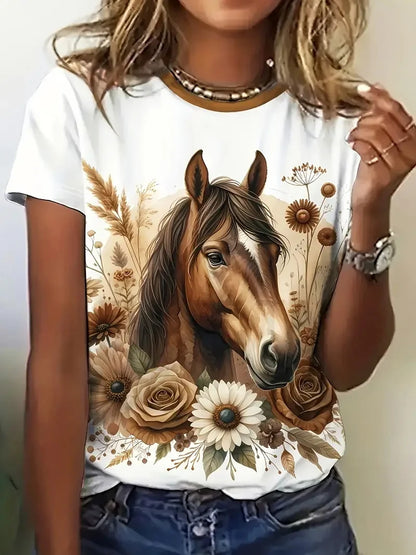 T-shirt girocollo casual da donna con stampa cavallo unica T-shirt estiva a maniche corte con grafica cavallo per uomo Novità in magliette