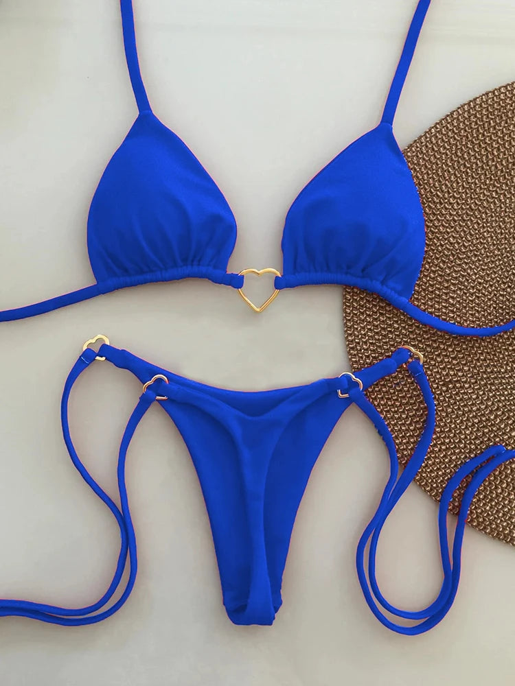 Sexy Low-Waist Bikini Set for Women Summer Solid Color Tie-Front Swimsuit with Padded Top for Beach Vacation