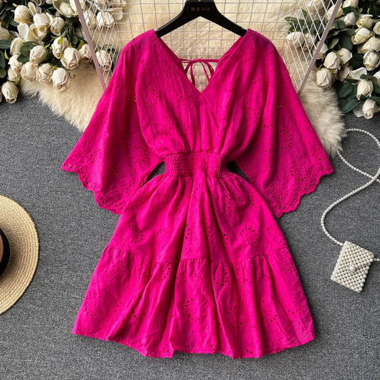 Bianco/Viola/Blu Scollo a V Estate Nuovo Abito ricamato in pizzo Donna Abiti a maniche corte Abiti longuette da spiaggia per feste vintage femminili