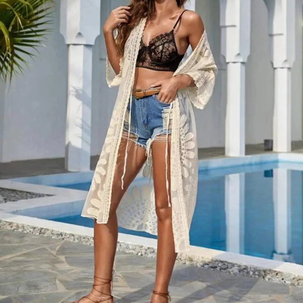 WeHello Summer Beach Poncho in rete per donna Costume da bagno in pizzo Kimono aperto Beachwear Camicetta in pizzo Cardigan Vacanza Copertine sexy