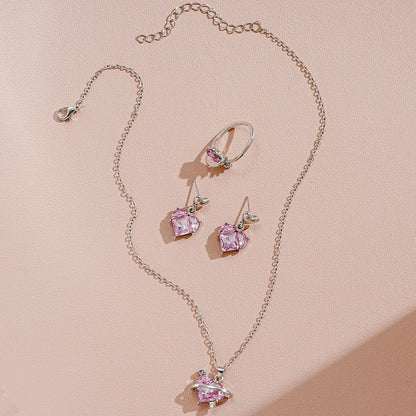 4 pezzi Love Pink Cristalli Orecchini dolci Collane e anelli Set di gioielli Leggero e versatile per le donne Regalo per la festa della mamma