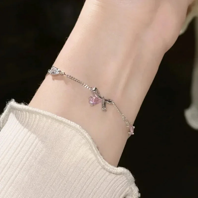 Braccialetti con fiori di ciliegio in cristallo rosa brillante per donne e ragazze, braccialetto con fiore a luna dolce e zirconi, gioielli estetici da festa