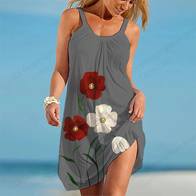 Abito da donna con cinturino da spiaggia elegante estivo senza maniche sexy bohémien con stampa floreale abito da sera per feste vestito estivo stile vintage