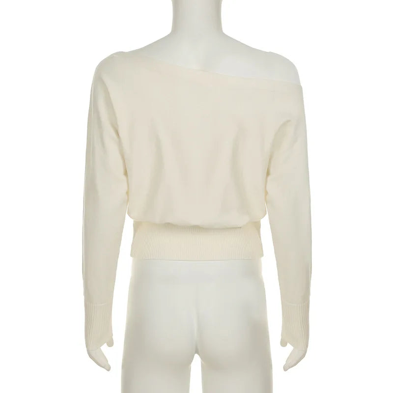 Maglione da donna monospalla in maglia, elegante, a maniche lunghe, caldo, con cintura in vita, pullover ampio, abbigliamento invernale autunnale, nuovo modello tinta unita