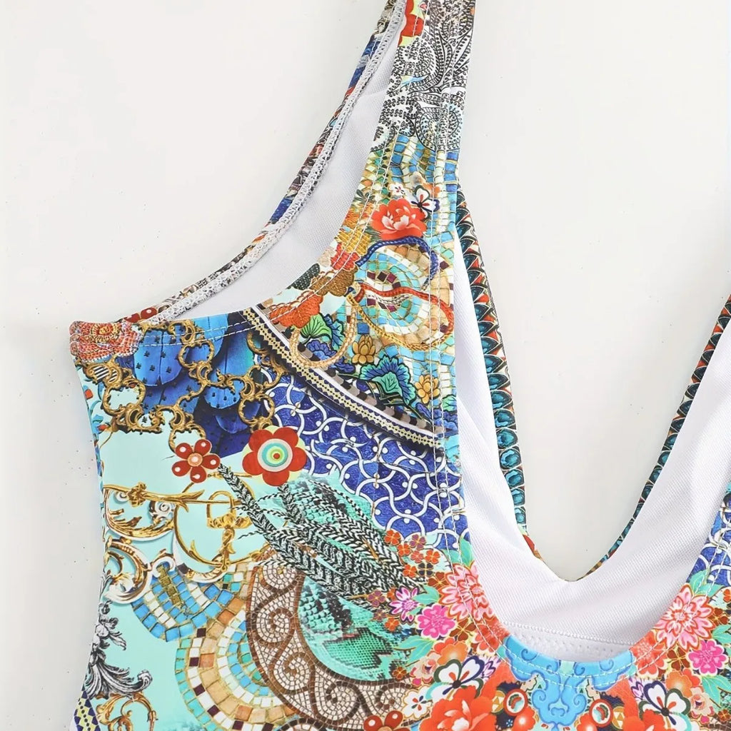 Sexy Print V-Neck One-Piece Bikini Swimwear Thermal Spring Vacation Women's Fashionable Trendy Swimsuit with Strap