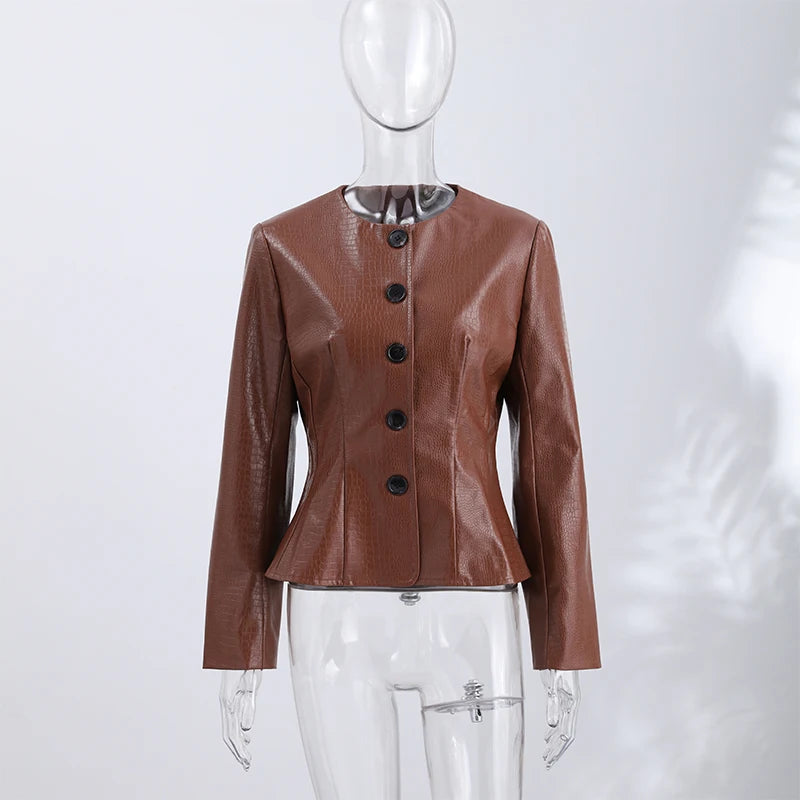 Giacca da donna in pelle PU tinta unita con colletto alla coreana e bottoni, cerniere, cappotto da donna, moda autunno 2026, capospalla femminile streetwear