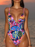 Sexy Deep V Print Backless Triangle Pant One Piece Swimsuit Women's Strapless Body Covering Cross-Border Trend 2026