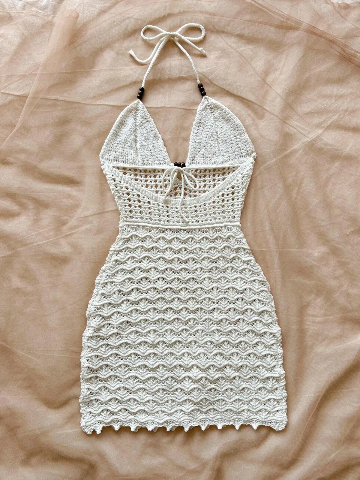 Robe d'été sexy tricotée à col en V creux, perles en bois, coupe ajustée, bretelles de vacances et dégradé de couleurs, robe sans bretelles