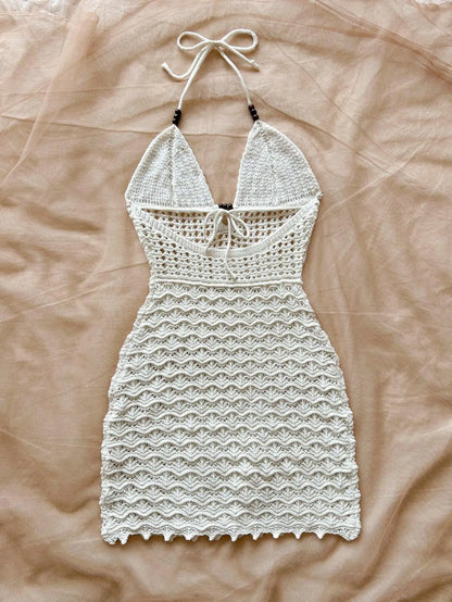 Robe d'été sexy tricotée à col en V creux, perles en bois, coupe ajustée, bretelles de vacances et dégradé de couleurs, robe sans bretelles