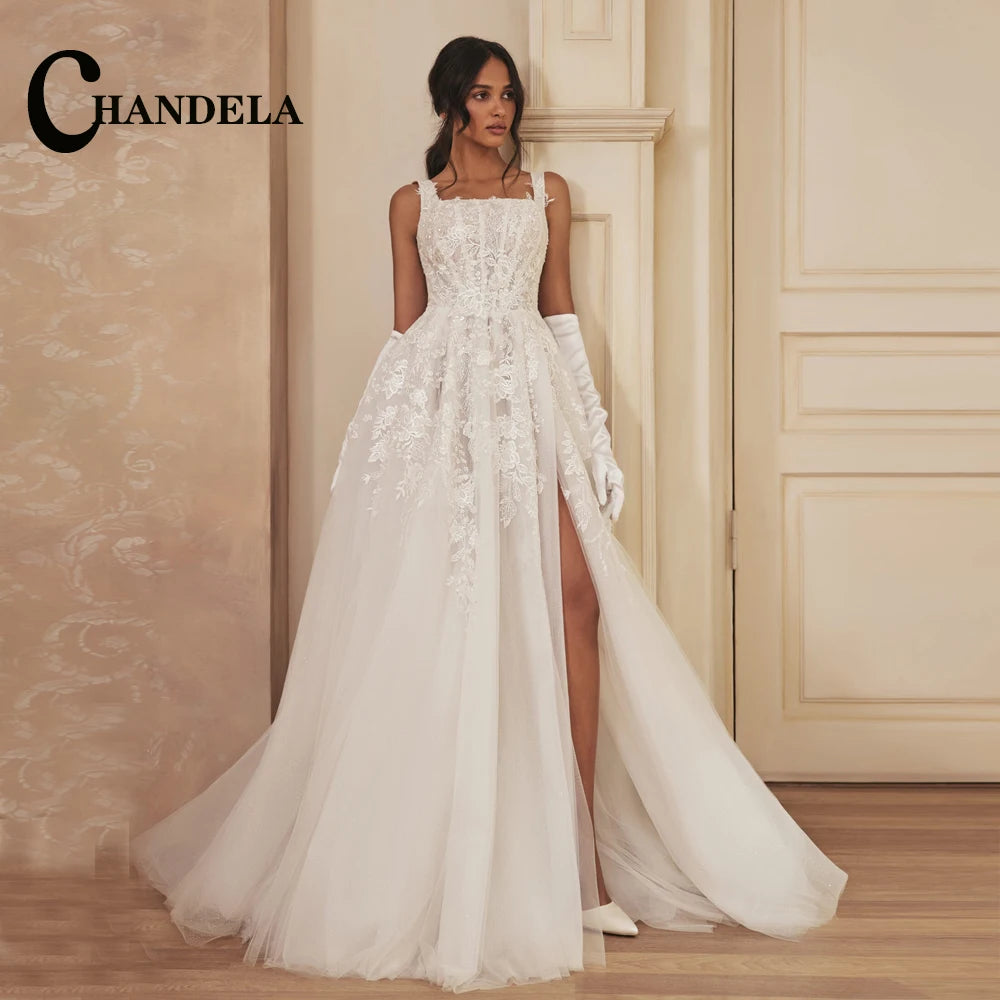 CHANDELA Abiti da sposa a tromba alla moda per le donne Sposa Applicazioni in pizzo con spalle scoperte Allacciatura Sweep Train Personalizzato