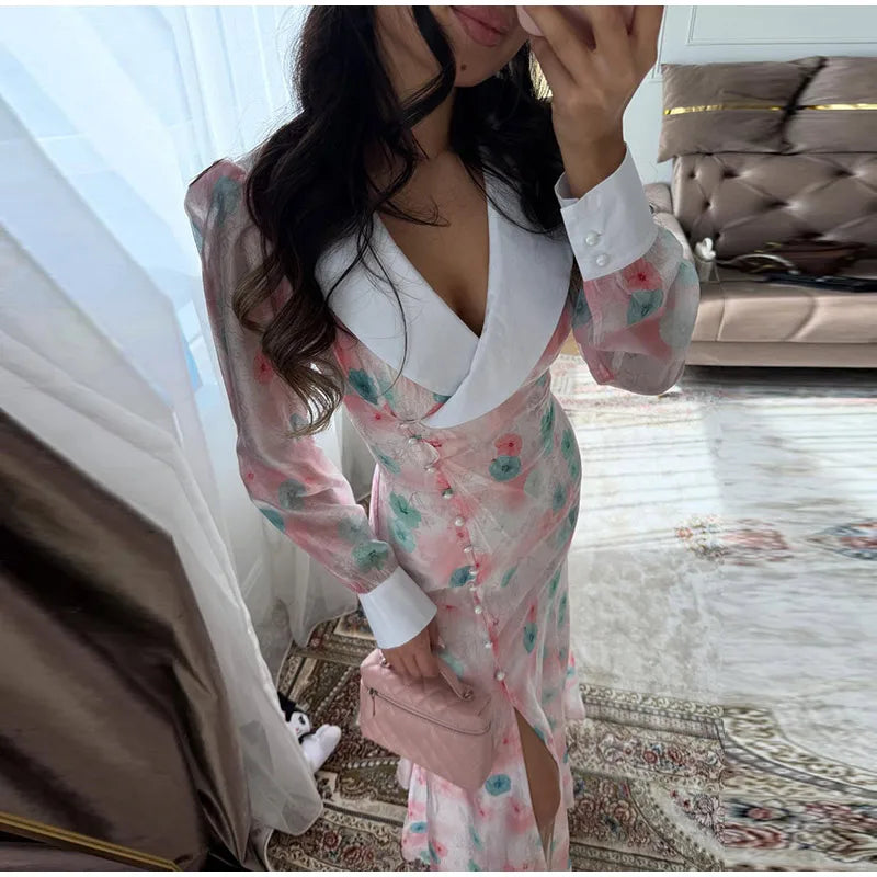 Abito Lungo da Donna con Stampa, Scollo a V, Maniche a Campana, Bordo a Foglia di Loto, Vita Alta, Vestito Maxi Aderente, Elegante Abito da Sera per Feste
