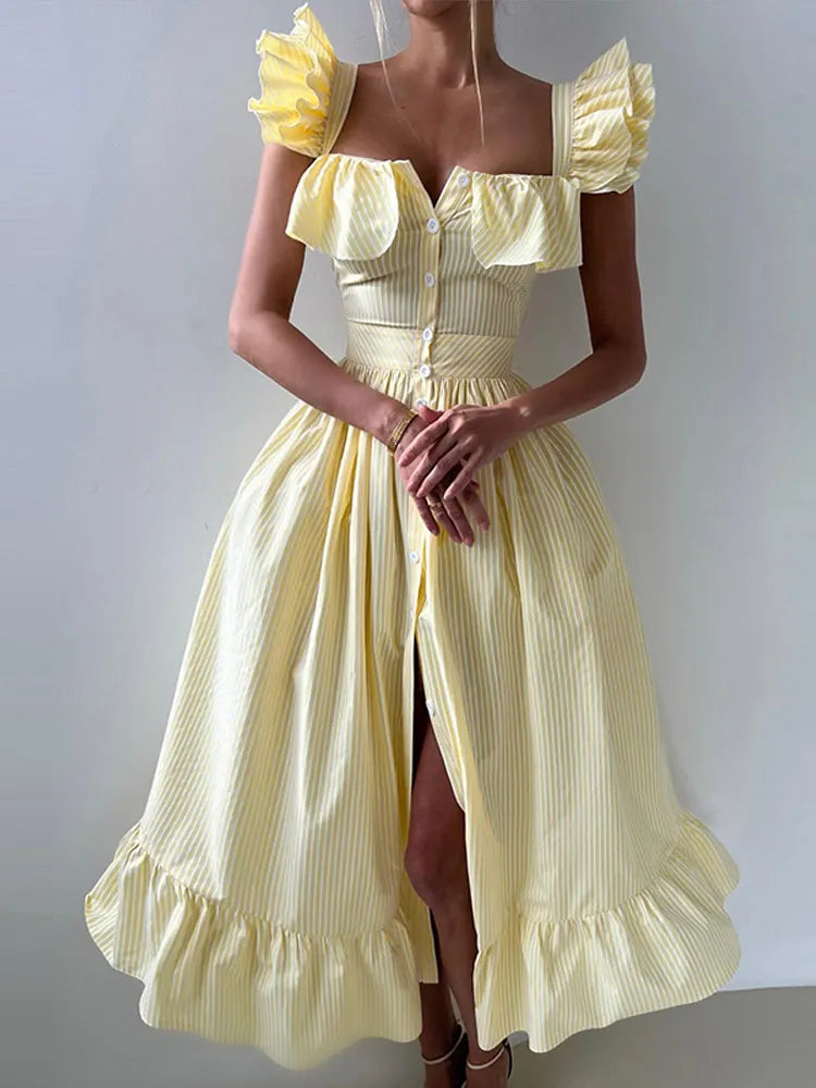 BKQU Abito lungo elegante con maniche volanti a righe con volant Abito lungo da donna chic con colletto quadrato sottile monopetto Abito lungo da festa estivo femminile