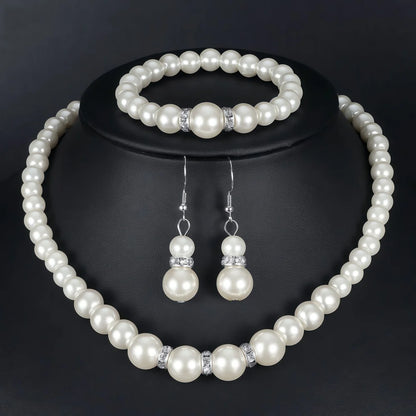3 pezzi di perle finte palla di fuoco collana braccialetto orecchino set di gioielli con perno colore argento pietra di cristallo elegante regalo di gioielli da sposa