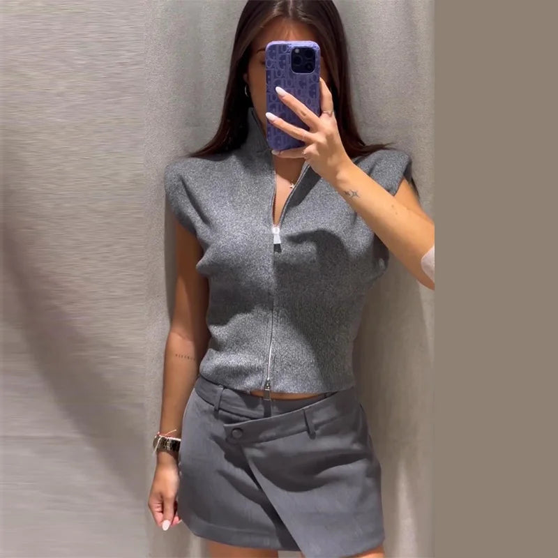 Cardigan in maglia da donna senza maniche con spalline imbottite, collo alto a metà, doppia cerniera, corto, aderente, tinta unita, top di tendenza per la strada