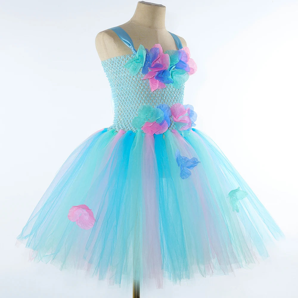 Costumi da fata dei fiori turchese per ragazze Abiti da principessa fata farfalla con ali Bacchetta per bambini Vestito da tutù di carnevale di Halloween