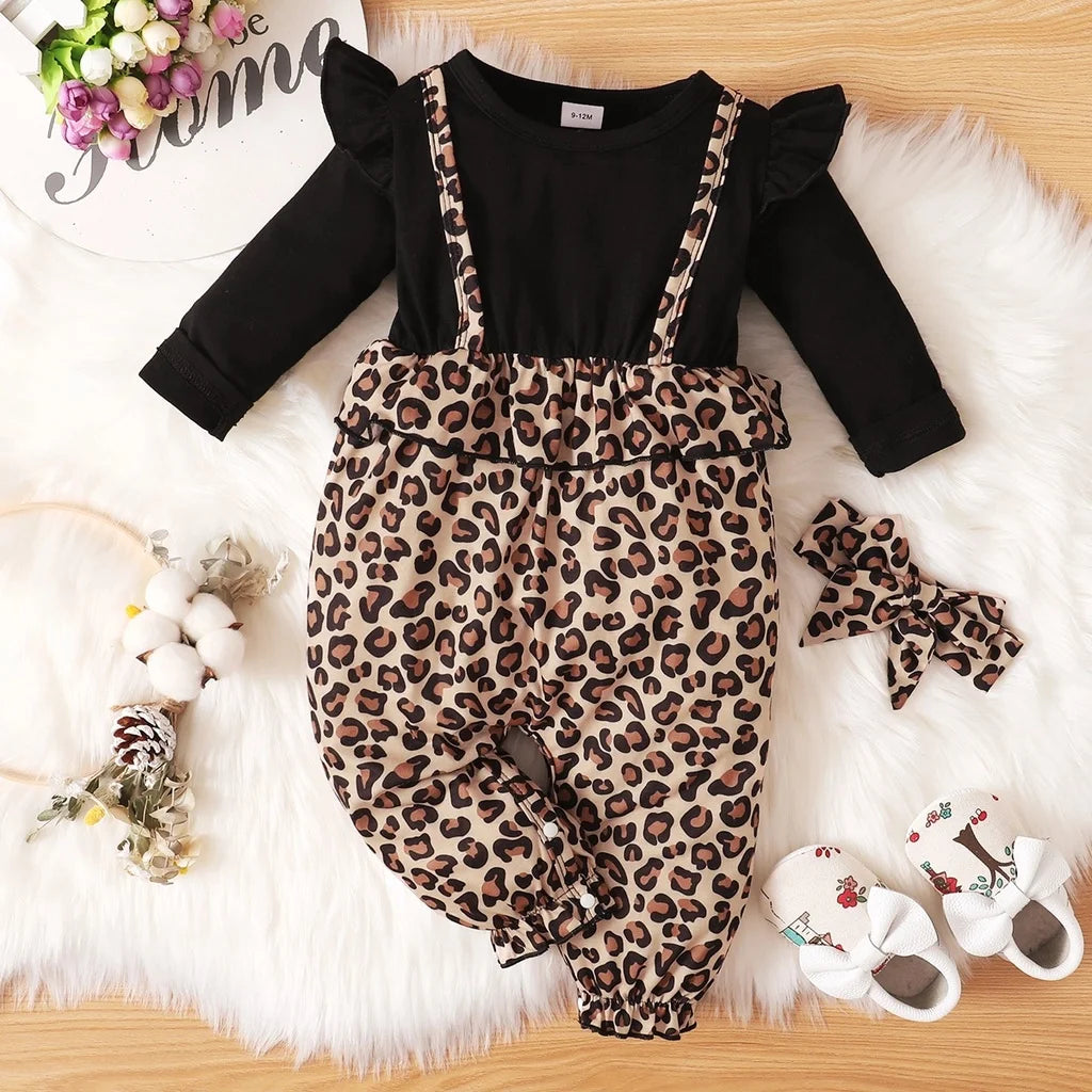 0-18 mesi vestito da neonata con fiocco manica lunga abiti leopardati tutina abbigliamento autunno infantile moda tuta carina