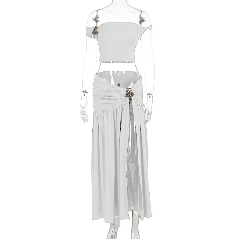 Ensemble Jupe d'été Femme Fleur en Métal Sexy Haut Court Épaules Dénudées Jupe Longue Fendue Ensembles de Jupes Mode sans Dos Plissés 2 Pièces
