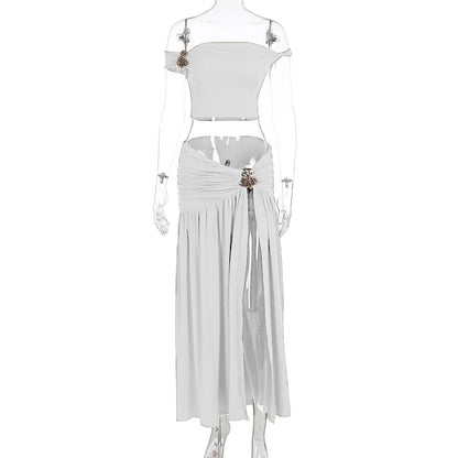 Ensemble Jupe d'été Femme Fleur en Métal Sexy Haut Court Épaules Dénudées Jupe Longue Fendue Ensembles de Jupes Mode sans Dos Plissés 2 Pièces