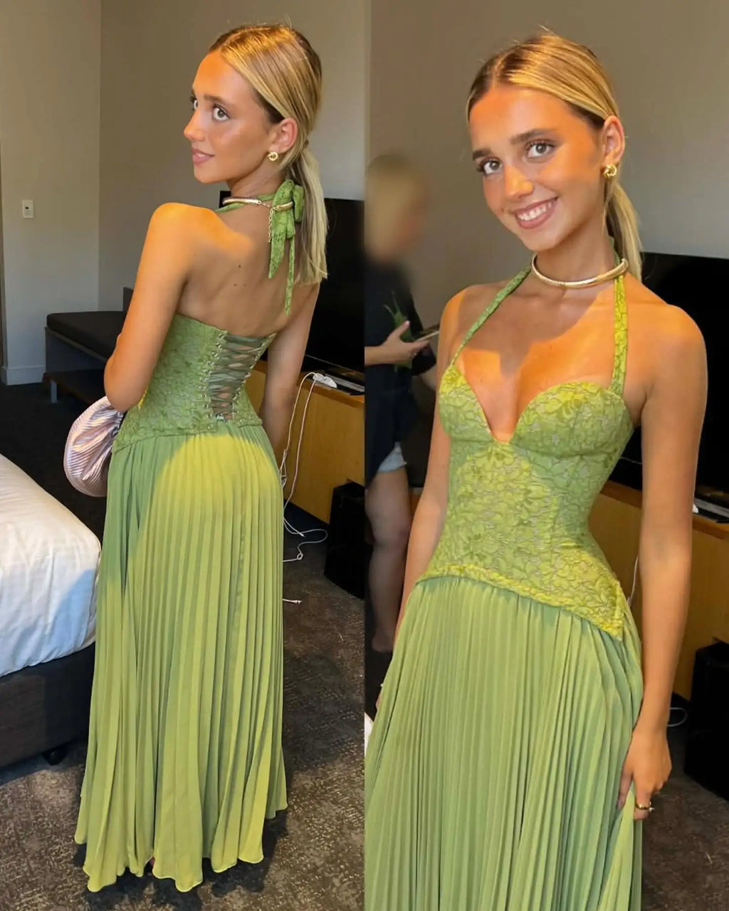 Chic Green Fishbone Halter Abito lungo Lady Solid Sexy Backless Pieghettato Off-spalla Abiti a trapezio 2025 nuovo abito da festa di Natale