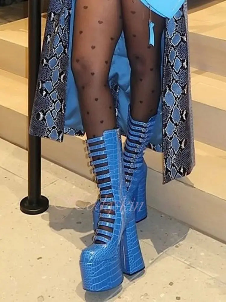 Dark Blue Thick Sole Boots Sandals Round Toe Platform Chunky High Heels Solid Buckles Straps Mid Calf Sexy Women Summer Shoes
