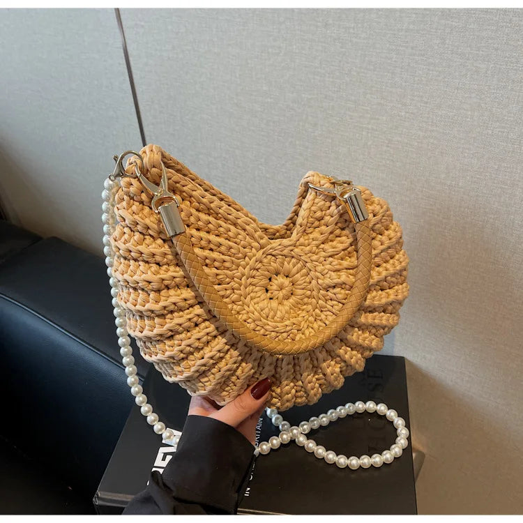 Borse a tracolla da donna all'uncinetto a forma di conchiglia creativa Divertenti catene di perle carine Borsa a tracolla in tessuto fatto a mano Novità piccole borse