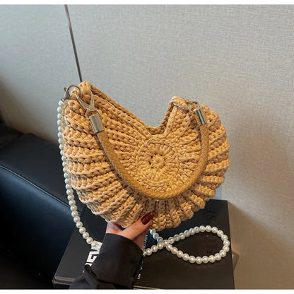 Borse a tracolla da donna all'uncinetto a forma di conchiglia creativa Divertenti catene di perle carine Borsa a tracolla in tessuto fatto a mano Novità piccole borse