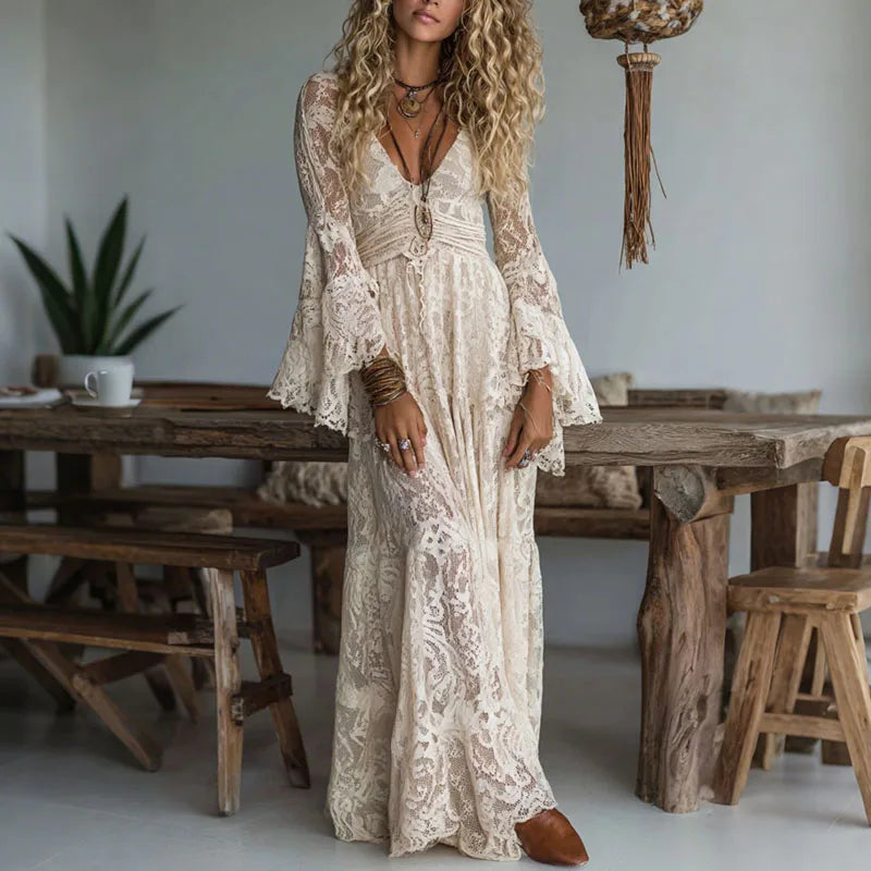 Nuovo abito da donna in pizzo ricamato con scollo a V profondo Primavera scava fuori abiti a vita alta all'uncinetto Abito lungo jacquard con maniche svasate autunnali