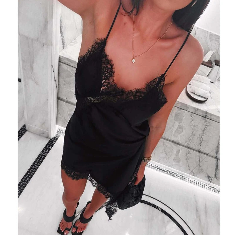MUJER Abito sottoveste in pizzo nero Abiti corti da festa in raso da donna per le donne Abiti da donna sexy senza schienale Mini abito da notte asimmetrico