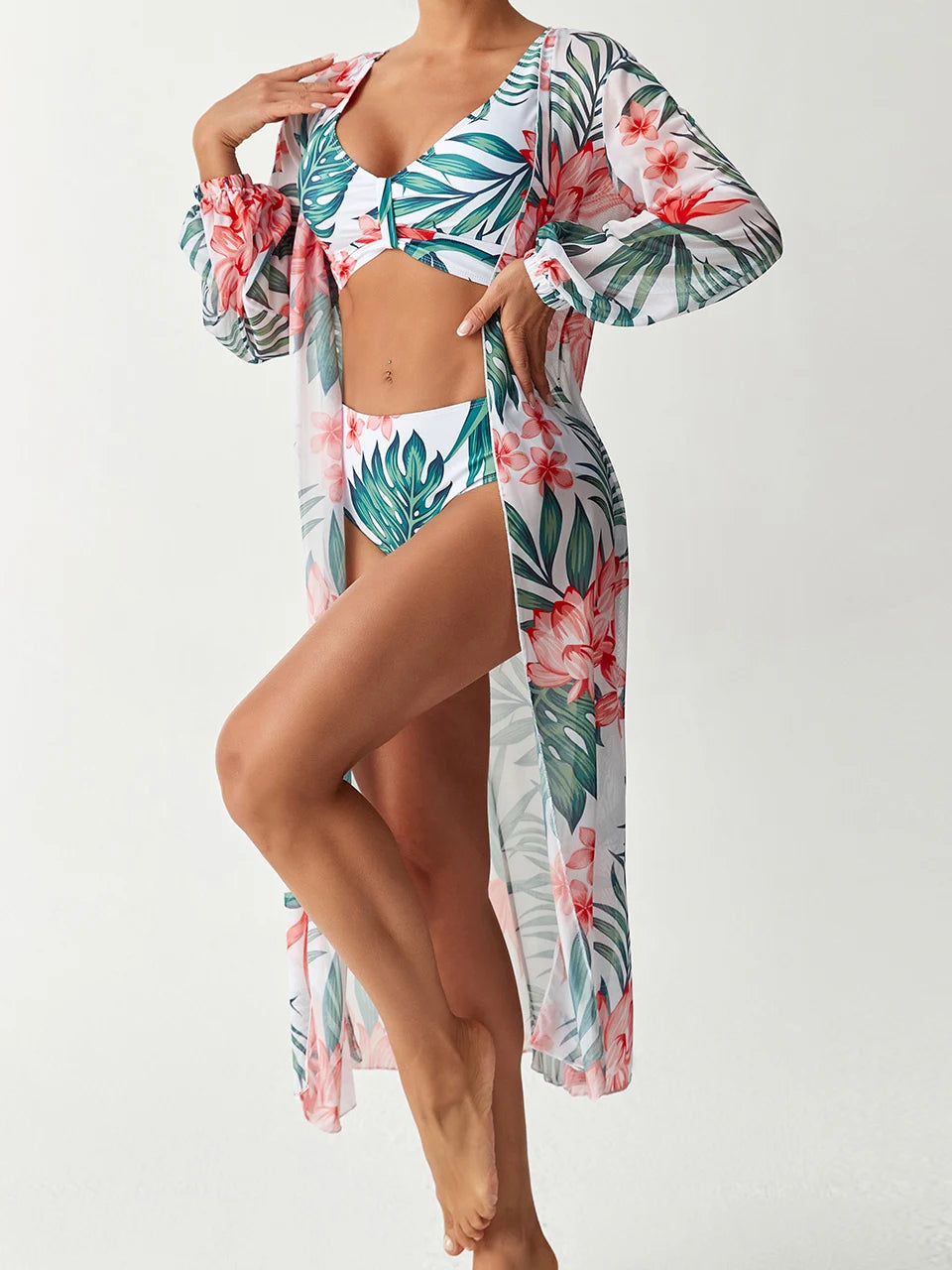 3 Pieces High Waist Bikini With Kimono Swimwear 2026 Women Printed Swimsuit Female Bathers Bathing Swimming Swim Suit Beachwear