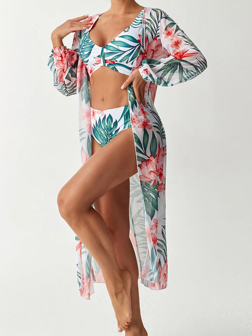 3-teiliger High-Waist-Bikini mit Kimono, Bademode 2026, bedruckter Damen-Badeanzug, weibliche Badende, Badebekleidung, Schwimmanzug, Strandbekleidung