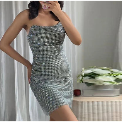 Abito corto senza maniche scintillante da donna con tutti i strass Abiti sexy senza spalline alla moda per donna Estate Nuovo outfit streetwear