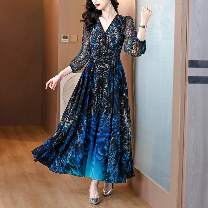 Vacanza primaverile Boho Beach Hepburn Maxi Abiti 2025 Stampa vintage da donna Elegante abito da sera estivo in seta di lusso