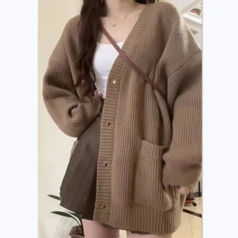 Cardigan maglione donna autunno inverno cappotti moda femminile manica lunga scollo a V giacche lavorate a maglia larghe cardigan maglione casual