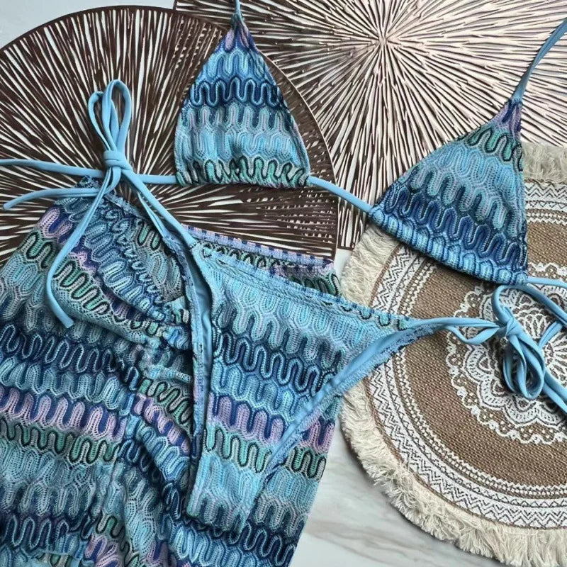 Costume da bagno estivo da donna nuovo, bikini lavorato a maglia in 3 pezzi con costumi da bagno con copertura avvolgente e scollo all'americana per le vacanze al mare