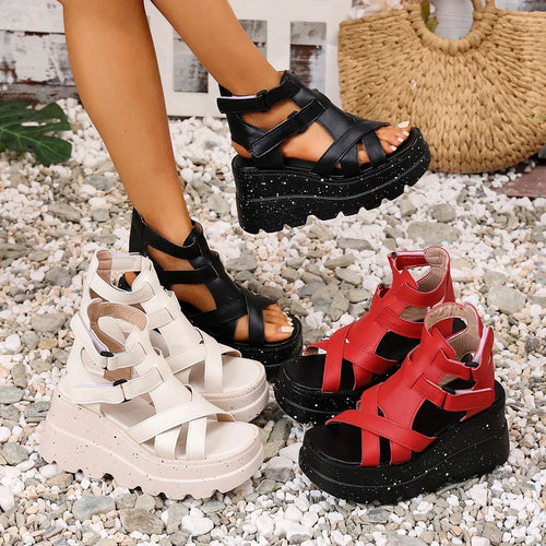 Sandali da donna Sandali da donna con plateau in pelle moda estiva Sandali gladiatore con tacco alto da donna Scarpe da donna con zeppa robuste per esterni
