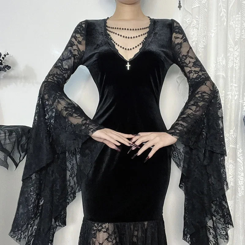 Y2K Goth floreale pizzo maglia manica svasata aderente abiti da festa sexy vintage elegante velluto nero con scollo a V abito lungo partywear