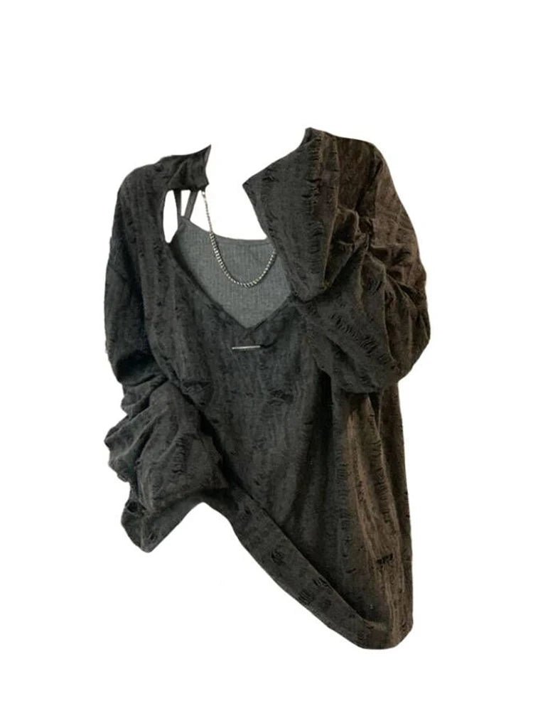 Primavera Y2K Design Allentato Casual Set a due pezzi Top a maniche lunghe 2000s Marea Streetwear Harajuku Abbigliamento Donna T-shirt oversize