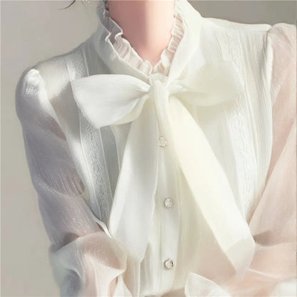 Camicie da donna in Chiffon estate 2023 camicette a maniche lunghe solide Y2k allentate con fiocco coreano nuovo Casual Blusa