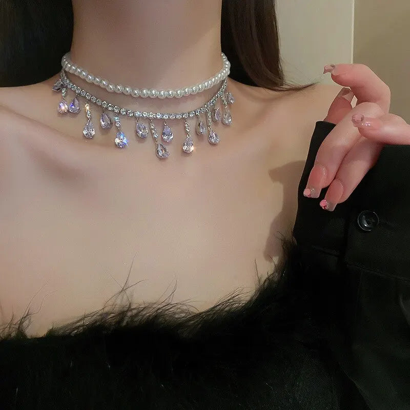 Collane girocollo di lusso con strass e cristalli per donna, collana a più strati con perle finte per feste e matrimoni, gioielli K-