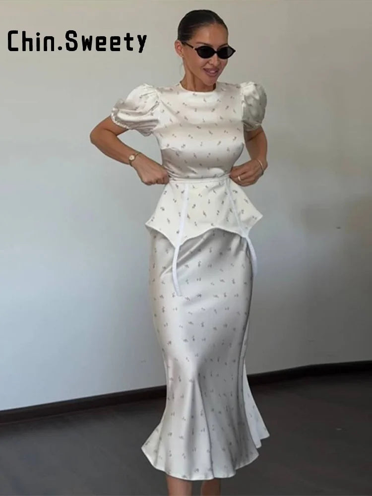 Elegante Abito Lungo da Donna Stampato con Cintura, Vestito Slim con Maniche a Palloncino e Vita Stretta, Collezione Primavera Estate 2026 per Feste