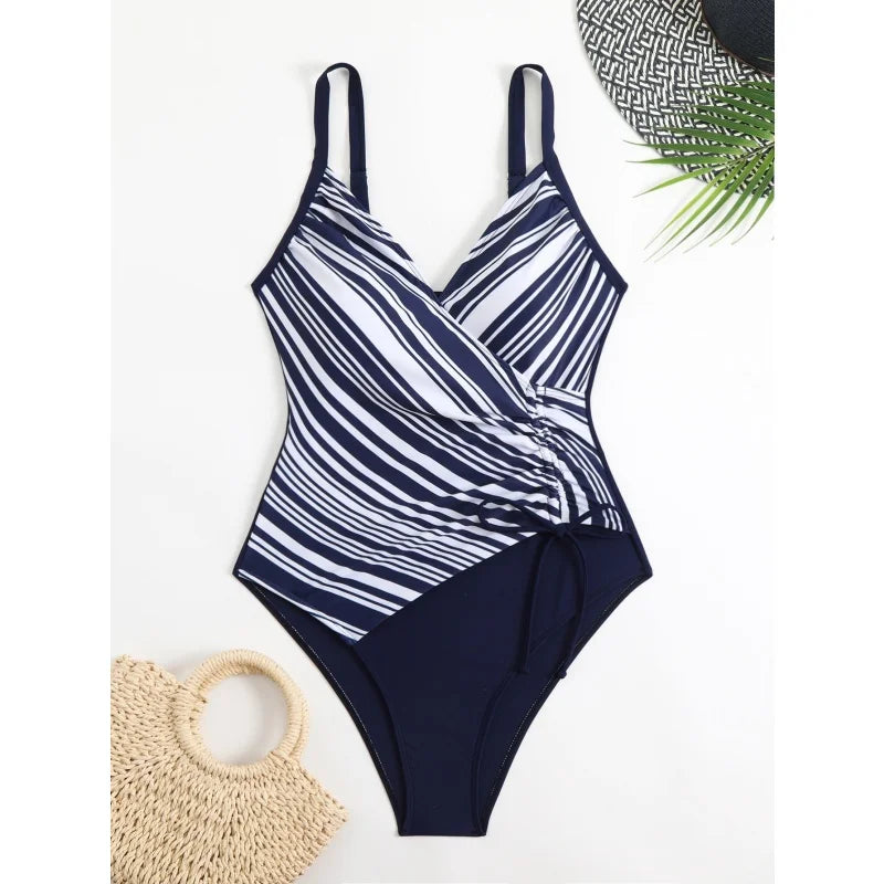 Printing V Neck Swimming Suit for Women Fashion Slim Side Drawstring Bathing Suit Bodysuit Female One Piece Swimsuit Beachwear