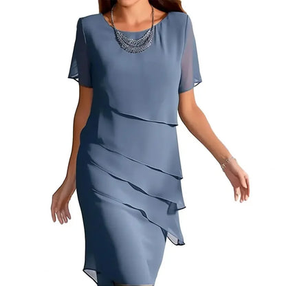 Abito da donna sottile con volant irregolare al ginocchio Abito da festa sottile estivo femminile in chiffon patchwork Abiti a maniche corte JYFS-1096