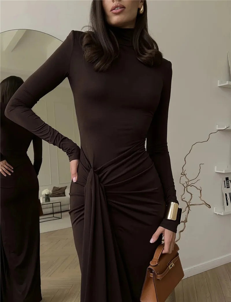 Mozision Abito lungo sexy con spacco alto e collo alto per le donne Abito lungo da club aderente con fasciatura drappeggiata a maniche lunghe alla moda