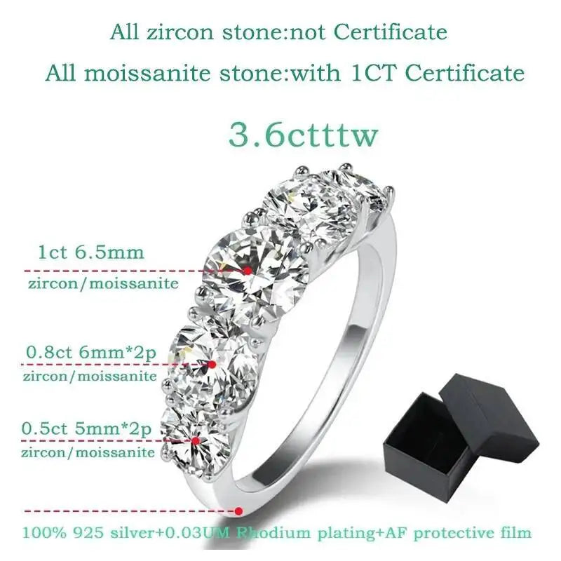 3.6CT Tutti gli anelli Moissanite per le donne 5 pietre scintillanti Dia Wedding Band Gioielli in argento sterling 100%