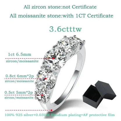 3.6CT Tutti gli anelli Moissanite per le donne 5 pietre scintillanti Dia Wedding Band Gioielli in argento sterling 100%