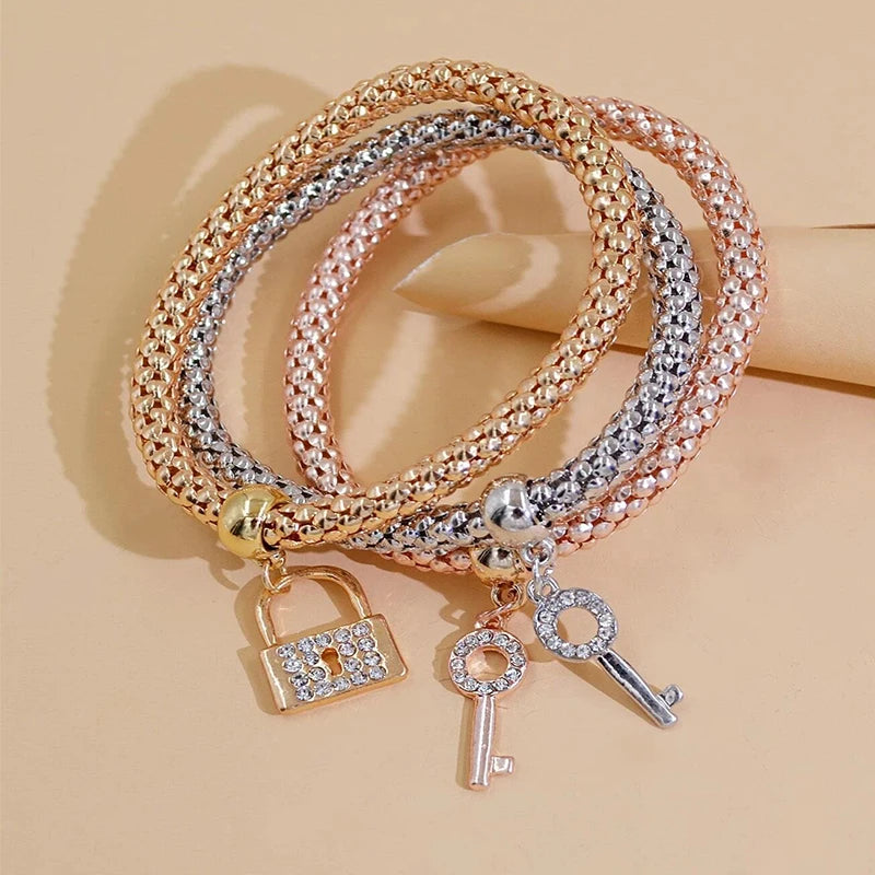 Set da 3 pezzi con lucchetto a forma di cuore, chiave, segno musicale, braccialetto con ciondoli, gufo, placcatura in oro rosa, catena color argento, set di gioielli con bracciale con ciondolo Owm